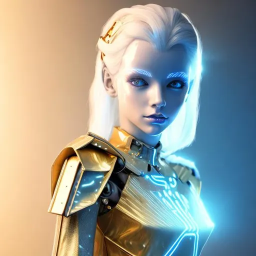 Prompt: Dressed like a very young Robotic Pleiadian Nordic blonde from the Galactic Federation of Light, gold armor,wearing silver blue lipstick,high resolution, 3D render, style of cyberpunk, gold and neon background 