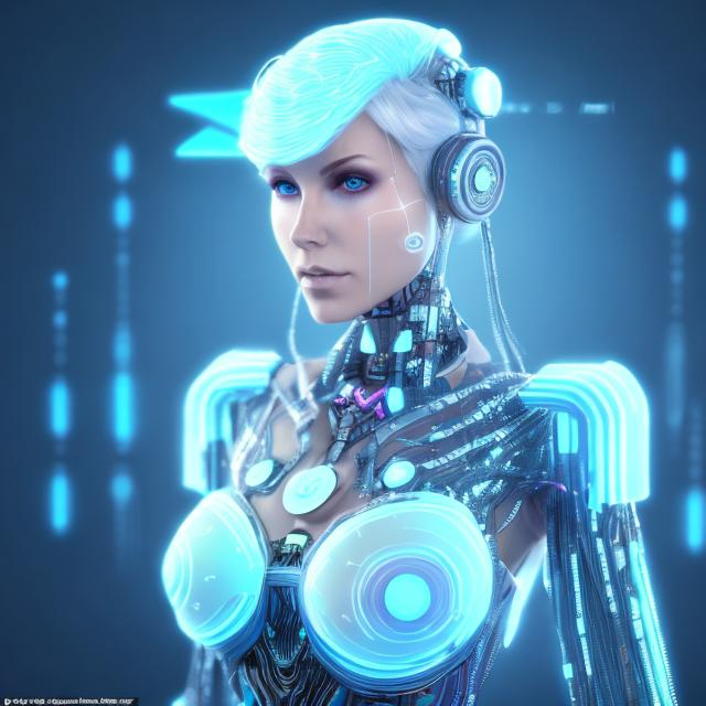 Prompt: Dressed like a Robotic Pleiadian Nordic blonde from the Galactic Federation of Light,  high resolution, 3D render, style of cyberpunk 