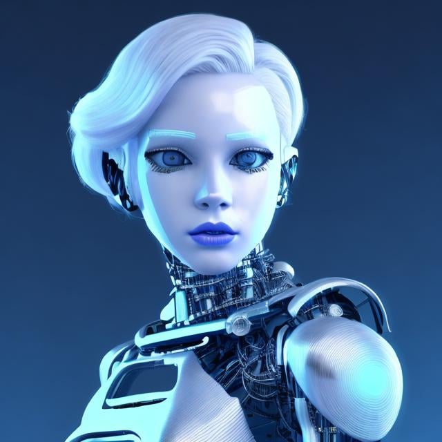 Prompt: Younger,Dressed like a very young Robotic Pleiadian Nordic blonde from the Galactic Federation of Light, wearing silver blue lipstick,high resolution, 3D render, style of cyberpunk 