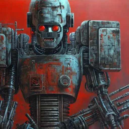 Prompt:   Soviet abstract 1985 painting, crisp, robotic cybernetic components, abused by its creators but patched up and modified, photorealistic, steel wall background