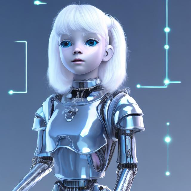 Prompt: Dressed like a very young cute Robotic Pleiadian Nordic blonde girl from the Galactic Federation of Light, wearing silver blue lipstick,high resolution, 3D render, style of cyberpunk 