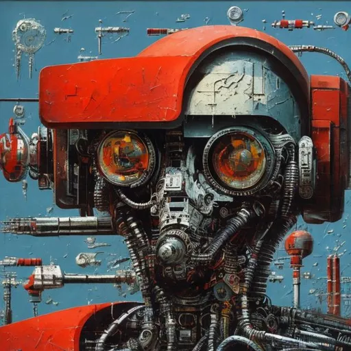 Prompt:   Soviet abstract 1985 painting, crisp, robotic cybernetic components, abused by its creators 