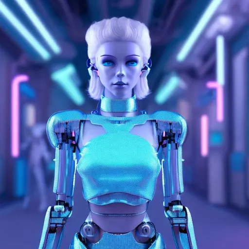 Prompt: Younger,Dressed like a very young Robotic Pleiadian Nordic blonde from the Galactic Federation of Light, wearing silver blue lipstick,high resolution, 3D render, style of cyberpunk, arcade background