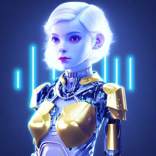 Prompt: Dressed like a very young Robotic Pleiadian Nordic blonde from the Galactic Federation of Light, gold armor,wearing silver blue lipstick,high resolution, 3D render, style of cyberpunk, gold and neon background 