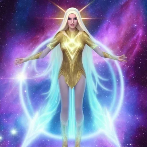 Prompt: Dressed like a Pleiadian Nordic blonde from the Galactic Federation of Light