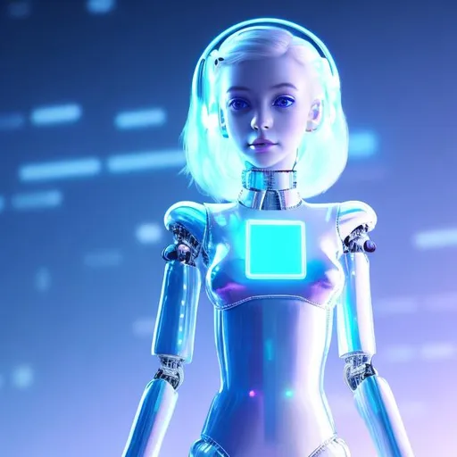 Prompt: Dressed like a very young cute Robotic Pleiadian Nordic blonde girl from the Galactic Federation of Light, wearing silver blue lipstick,high resolution, 3D render, style of cyberpunk, neon computer chips background, full body view from below 