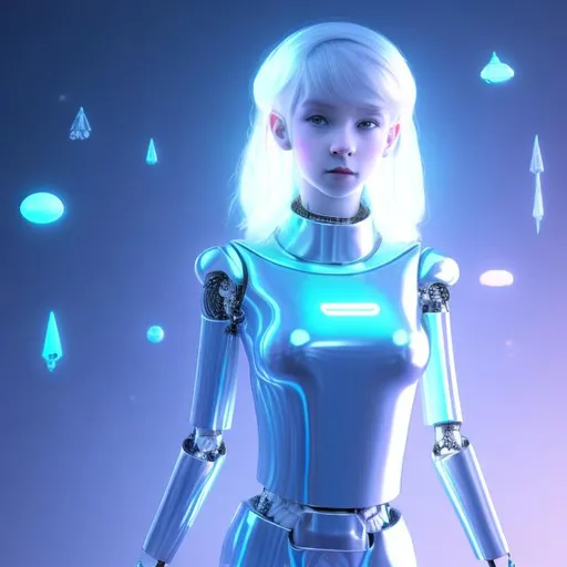 Prompt: Dressed like a very young cute Robotic Pleiadian Nordic blonde girl from the Galactic Federation of Light, wearing silver blue lipstick,high resolution, 3D render, style of cyberpunk, neon computer chips background, full body view 