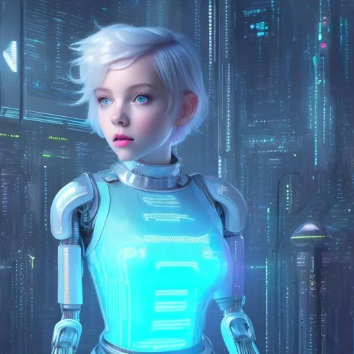 Prompt: Very Short Hair,Dressed like a very young cute Robotic Pleiadian Nordic blonde girl from the Galactic Federation of Light, wearing silver blue lipstick,high resolution, 3D render, style of cyberpunk, neon computer chips background, full body view from above