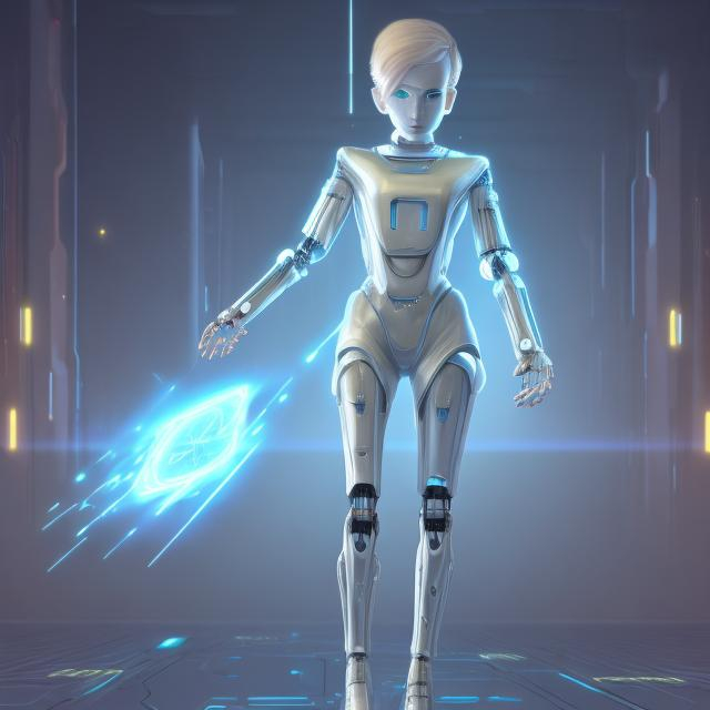 Prompt: Dressed like a very young Robotic Pleiadian Nordic very short haired blonde from the Galactic Federation of Light,  high resolution, 3D render, style of cyberpunk 