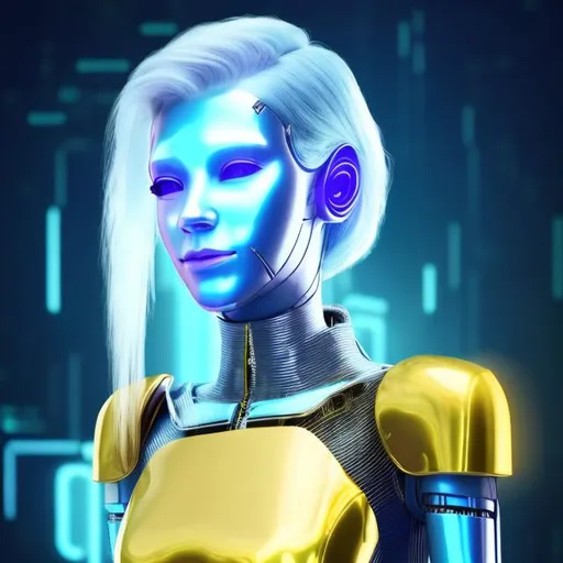 Prompt: Smiling, Dressed like a very young Robotic Pleiadian Nordic blonde from the Galactic Federation of Light, gold armor,wearing silver blue lipstick,high resolution, 3D render, style of cyberpunk, gold and neon background 