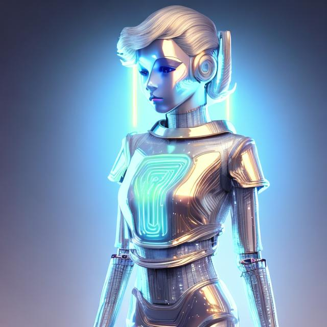 Prompt: Dressed like a very young Robotic Pleiadian Nordic blonde from the Galactic Federation of Light, gold armor,wearing silver blue lipstick,high resolution, 3D render, style of cyberpunk, gold and neon background 