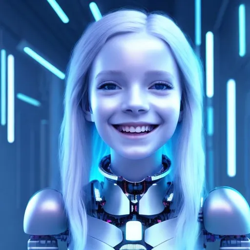 Prompt: Smiling, Dressed like a very young cute Robotic Pleiadian Nordic blonde girl from the Galactic Federation of Light, wearing silver blue lipstick,high resolution, 3D render, style of cyberpunk, neon computer chips background 