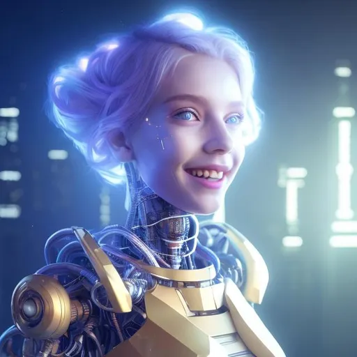 Prompt: Smiling,Dressed like a very young cute Golden Robotic Pleiadian Nordic blonde girl from the Galactic Federation of Light, wearing silver blue lipstick,high resolution, 3D render, style of cyberpunk, neon computer chips background, full body view from above