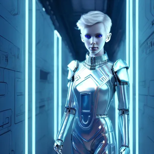 Prompt: Dressed like a very young Robotic Pleiadian Nordic blonde from the Galactic Federation of Light, gold armor,wearing silver blue lipstick,high resolution, 3D render, style of cyberpunk 