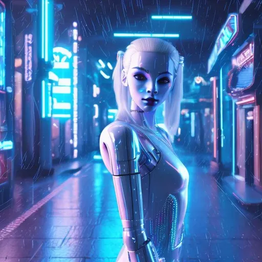 Prompt: Younger,Dressed like a very young Robotic Pleiadian Nordic blonde from the Galactic Federation of Light, wearing silver blue lipstick,high resolution, 3D render, style of cyberpunk, arcade background, it’s raining 