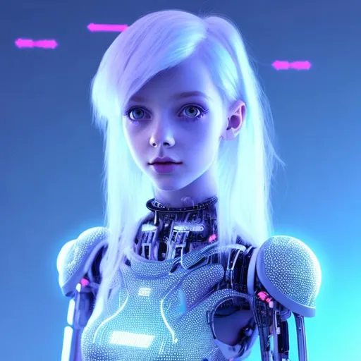 Prompt: Dressed like a very young cute Robotic Pleiadian Nordic blonde girl from the Galactic Federation of Light, wearing silver blue lipstick,high resolution, 3D render, style of cyberpunk, neon computer chips background, full body view from above