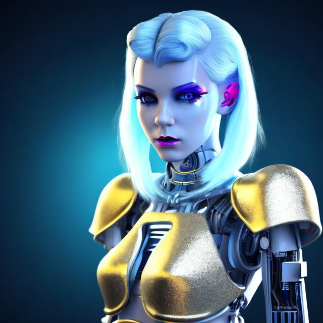 Prompt: Younger,Dressed like a very young Robotic Pleiadian Nordic blonde from the Galactic Federation of Light, gold armor,wearing silver blue lipstick,high resolution, 3D render, style of cyberpunk, gold and neon background 