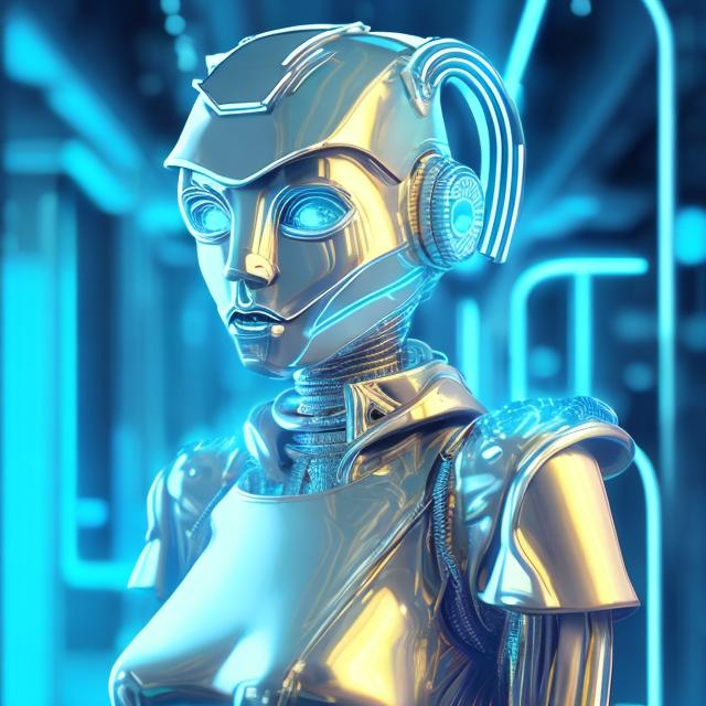 Prompt: Younger,Dressed like a very young Robotic Pleiadian Nordic blonde from the Galactic Federation of Light, gold armor,wearing silver blue lipstick,high resolution, 3D render, style of cyberpunk, gold and neon background 