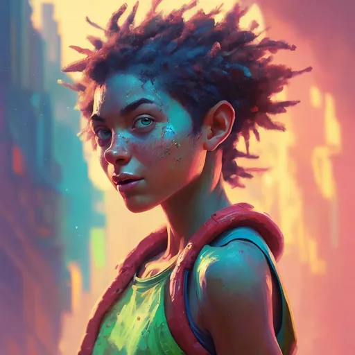 Prompt: Detailed digital painting of a youthful person, scifi tank top,vibrant and energetic, realistic portrait, warm and inviting color palette, natural lighting, high quality, digital painting, youthful, vibrant energy, realistic, warm tones, inviting atmosphere, detailed features, natural lighting