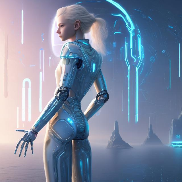 Prompt: Dressed like a young Robotic Pleiadian Nordic blonde from the Galactic Federation of Light,  high resolution, 3D render, style of cyberpunk, in Atlantis