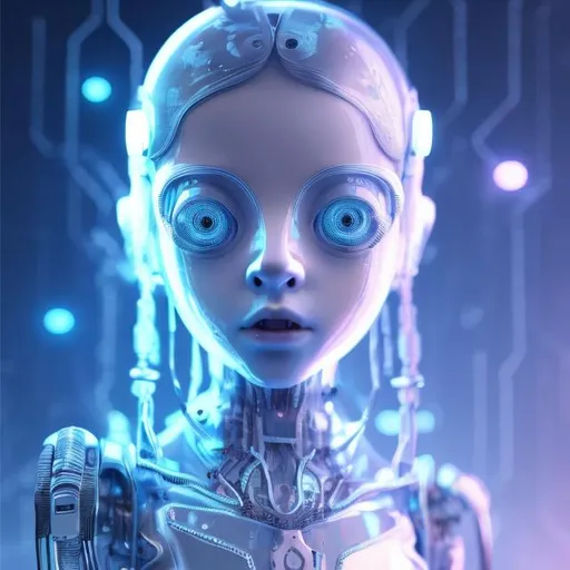 Prompt: Dressed like a very young cute Robotic Pleiadian Nordic blonde girl from the Galactic Federation of Light, wearing silver blue lipstick,high resolution, 3D render, style of cyberpunk, neon computer chips background, full body view 