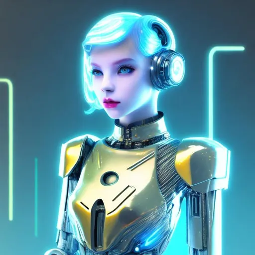 Prompt: Dressed like a very young Robotic Pleiadian Nordic blonde from the Galactic Federation of Light, gold armor,wearing silver blue lipstick,high resolution, 3D render, style of cyberpunk, gold and neon background 