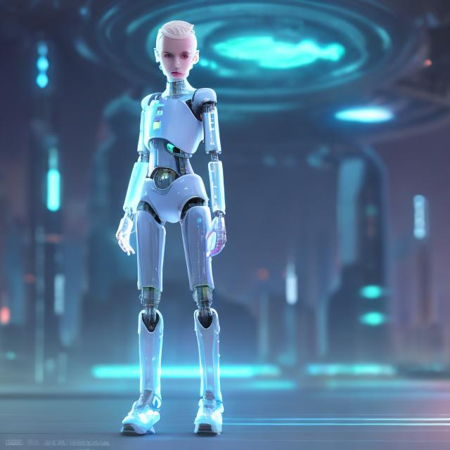 Prompt: Dressed like a very young Robotic Pleiadian Nordic blonde from the Galactic Federation of Light,  high resolution, 3D render, style of cyberpunk 