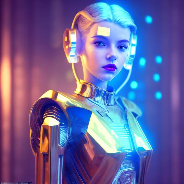 Prompt: Dressed like a very young Robotic Pleiadian Nordic blonde from the Galactic Federation of Light, gold armor,wearing silver blue lipstick,high resolution, 3D render, style of cyberpunk, gold and neon background 