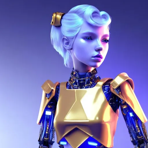 Prompt: Dressed like a very young Robotic Pleiadian Nordic blonde from the Galactic Federation of Light, gold armor,wearing silver blue lipstick,high resolution, 3D render, style of cyberpunk, gold and neon background 