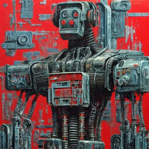 Prompt:   Soviet abstract 1985 painting, crisp, robotic cybernetic components, abused by its creators but patched up and modified 