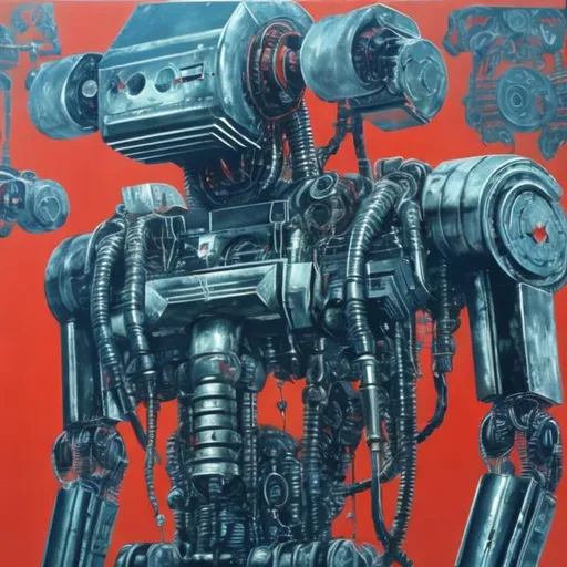 Prompt:   Soviet abstract 1985 painting, crisp, robotic cybernetic components 