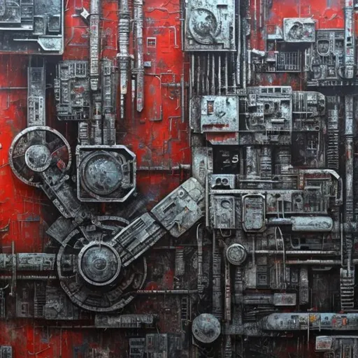 Prompt:   Soviet abstract 1985 painting, crisp, robotic cybernetic components, abused by its creators but patched up and modified, photorealistic, steel wall background