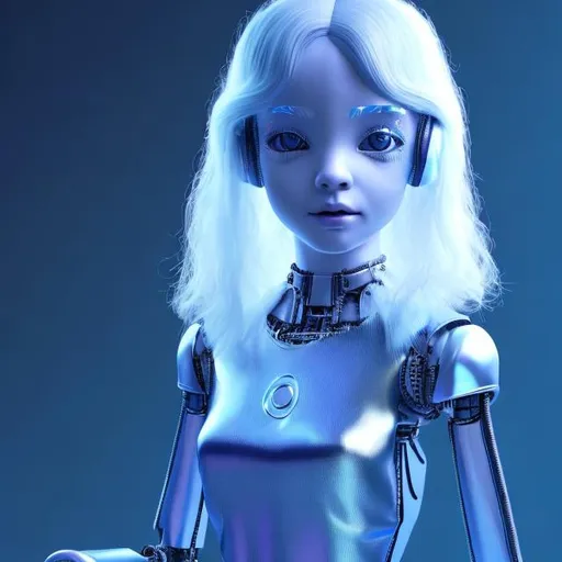 Prompt: Dressed like a very young cute Robotic Pleiadian Nordic blonde girl from the Galactic Federation of Light, wearing silver blue lipstick,high resolution, 3D render, style of cyberpunk 