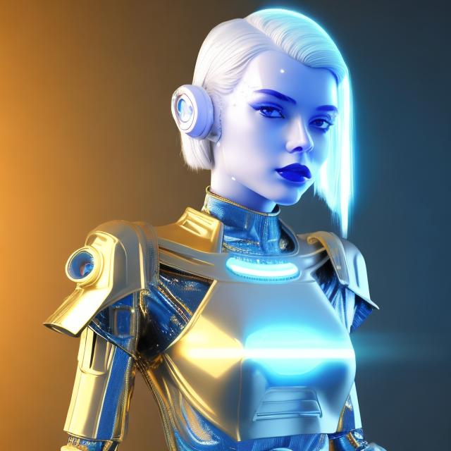 Prompt: Younger,Dressed like a very young Robotic Pleiadian Nordic blonde from the Galactic Federation of Light, gold armor,wearing silver blue lipstick,high resolution, 3D render, style of cyberpunk, gold and neon background 