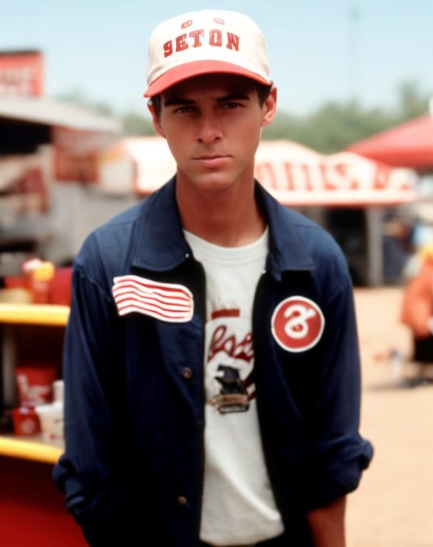 Prompt: Much younger Wearing a baseball cap, hotdog stand in background 