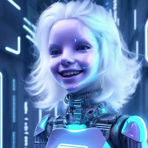 Prompt: Smiling, Dressed like a very young cute Robotic Pleiadian Nordic blonde girl from the Galactic Federation of Light, wearing silver blue lipstick,high resolution, 3D render, style of cyberpunk, neon computer chips background 