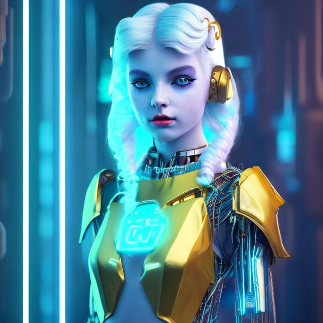 Prompt: Dressed like a very young Robotic Pleiadian Nordic blonde from the Galactic Federation of Light, gold armor,wearing silver blue lipstick,high resolution, 3D render, style of cyberpunk, gold and neon background 