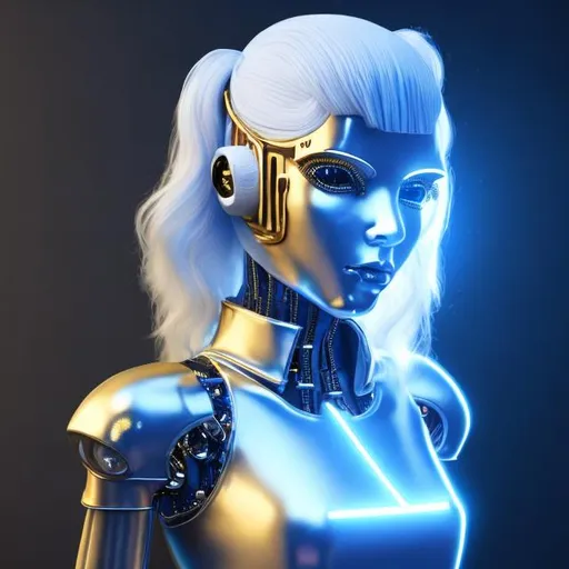 Prompt: Much younger Dressed like a very young Robotic Pleiadian Nordic blonde from the Galactic Federation of Light, gold armor,wearing silver blue lipstick,high resolution, 3D render, style of cyberpunk, gold and neon background 