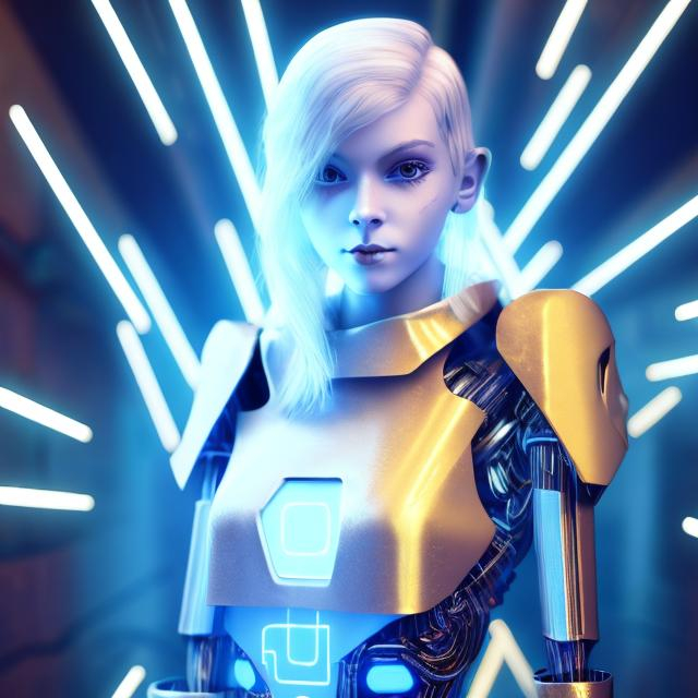 Prompt: Dressed like a very young Robotic Pleiadian Nordic blonde from the Galactic Federation of Light, gold armor,wearing silver blue lipstick,high resolution, 3D render, style of cyberpunk, gold and neon background 