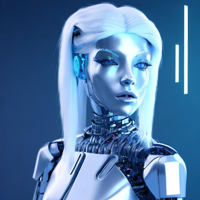 Prompt: Younger,Dressed like a very young Robotic Pleiadian Nordic blonde from the Galactic Federation of Light, wearing silver blue lipstick,high resolution, 3D render, style of cyberpunk 