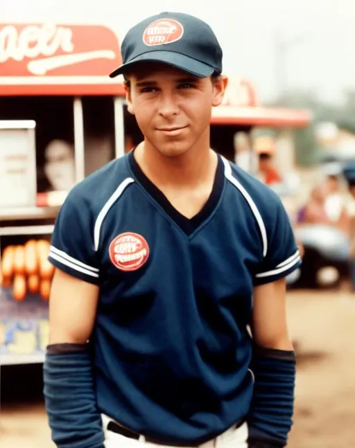 Prompt: Much younger Wearing a baseball cap, hotdog stand in background 