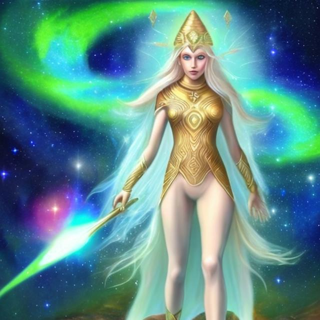 Prompt: Dressed like a Pleiadian Nordic blonde from the Galactic Federation of Light