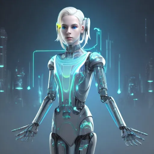 Prompt: Dressed like a very young Robotic Pleiadian Nordic very short haired blonde from the Galactic Federation of Light,  high resolution, 3D render, style of cyberpunk 