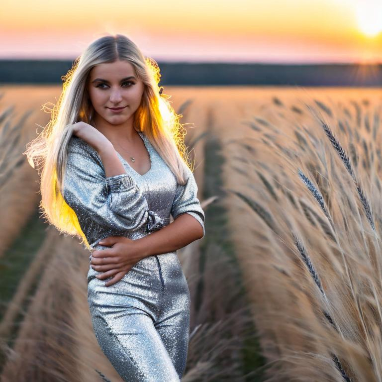 Prompt: Very young Nordic pleiadian blonde standing in a Wheat field in Southern Sweden at late sunset, she is dressed in silver jumpsuit and her hair is very long, 1960s, she is from the galactic federation of light and a ufo is in the distance, she is standing close up