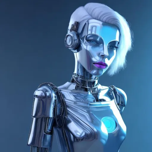 Prompt: Younger,Dressed like a very young Robotic Pleiadian Nordic blonde from the Galactic Federation of Light, wearing silver blue lipstick,high resolution, 3D render, style of cyberpunk 