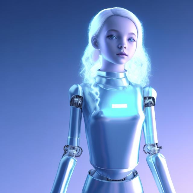 Prompt: Dressed like a very young cute Robotic Pleiadian Nordic blonde girl from the Galactic Federation of Light, wearing silver blue lipstick,high resolution, 3D render, style of cyberpunk 