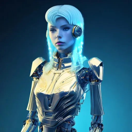 Prompt: Dressed like a very young Robotic Pleiadian Nordic blonde from the Galactic Federation of Light, gold armor,wearing silver blue lipstick,high resolution, 3D render, style of cyberpunk, gold and neon background 