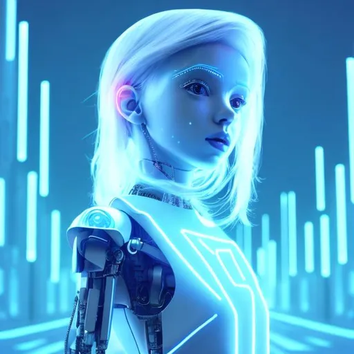 Prompt: Dressed like a very young cute Robotic Pleiadian Nordic blonde girl from the Galactic Federation of Light, wearing silver blue lipstick,high resolution, 3D render, style of cyberpunk, neon computer chips background 