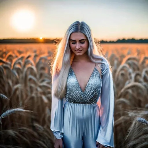Prompt: Very young Nordic pleiadian blonde standing in a Wheat field in Southern Sweden at late sunset, she is dressed in silver jumpsuit and her hair is very long, 1960s, she is from the galactic federation of light and a ufo is in the distance, she is standing close up