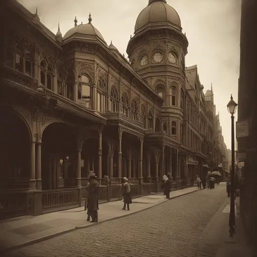 Prompt: Edwardian arch, vintage sepia tones, detailed architecture, standing figure, historic atmosphere, high quality, detailed shadows, classic art style, sepia, vintage, detailed architecture, standing figure, atmospheric lighting